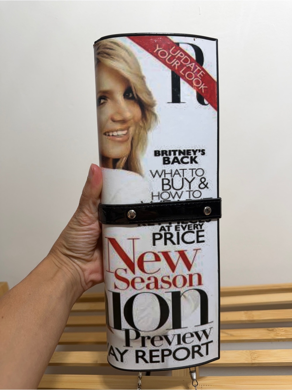 Rare Y2K Bazaar editorial magazine roll clutch featuring Britney Spears
